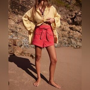NWOT Free People Ynez Retro Tie Waist Pocket Shorts In Red
